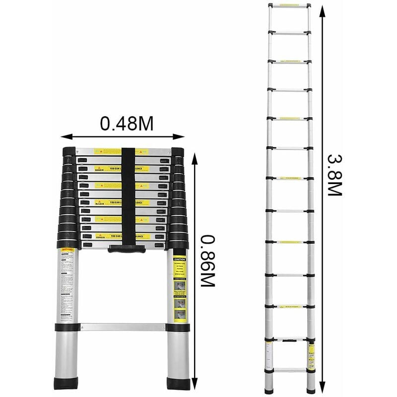 Image of Vingo 3,8M Teleskopleiter, Alu Leiter Rutschfester, Ausziehbar Klappleiter Stehleiter, Ausziehleiter Mehrzweckleiter, 150 Belastbarkeit