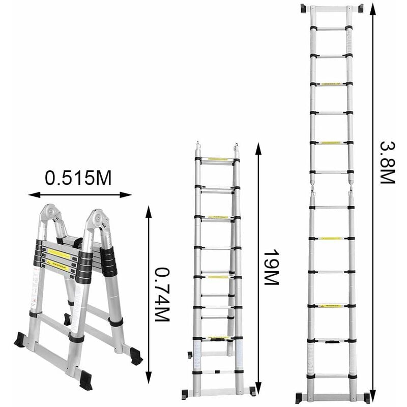 Image of VINGO 3.8M Teleskopleiter, Ausziehbare Leiter Rutschfester, Aluminium Klappleiter Stehleiter, Ausziehleiter Mehrzweckleiter, 150 Belastbarkeit