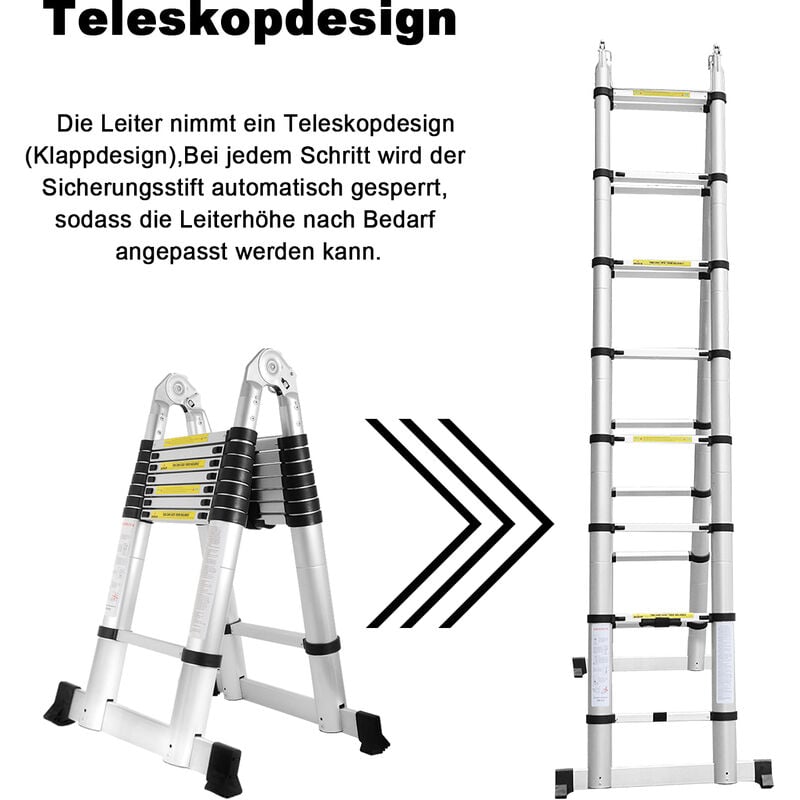 Image of Wolketon - vingo 3.8M(1.9+1.9M) Teleskop Klappleiter, Flexibel Teleskopleiter, Groosse Anwendbarkeit Multifunktionsleiter, Maximale Tragkraft von 150