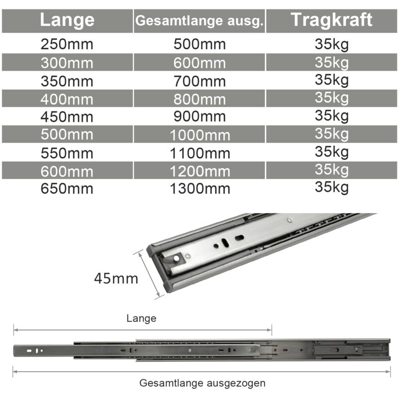 Image of VINGO 8X Schubladenschienen Vollauszüge 500 mm Schubladen Führung kugelgelagert Tragkraft 35