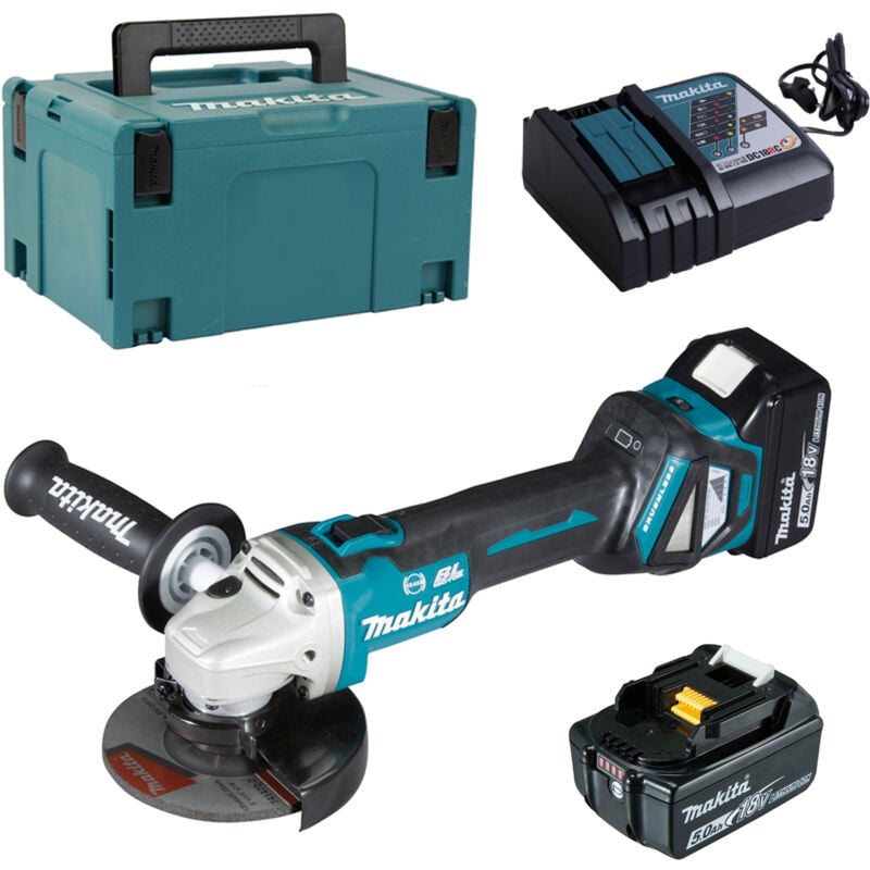 Image of Makita - Akku-Winkelschleifer 18V DGA513RTJ mit 2x 5,0 Ah Akkus + Lader im makpac