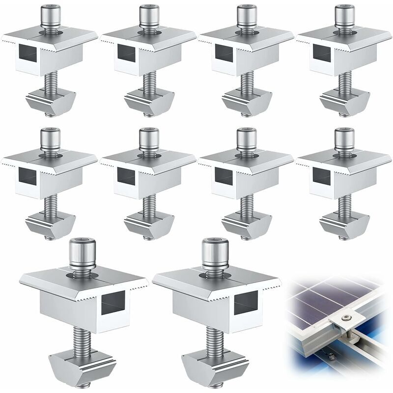 Image of 10 Stück Aluminium-Solarpanel-Halterung, T-förmige Mittelklemmen, PV-Solarpanel-Befestigung, Dach-Mittelmontagehalterung, für 30 mm (35 mm) gerahmte