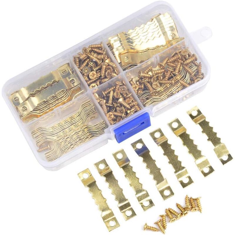 Image of 100 Stück Bildaufhänger mit 200 Schrauben - Aufhänger für Holzrahmen, Zackenaufhänger Bilderhaken für Keilrahmen, Hängehaken für Bilderrahmen (Gold)