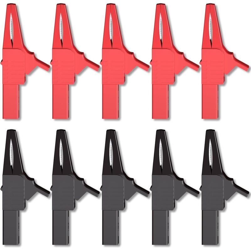 Image of 10er-Pack robuste, vollisolierte, sichere Krokodilklemmen mit 4-mm-Bananenstecker für die elektrische Prüfung von Autobatterien, Rot + Schwarz