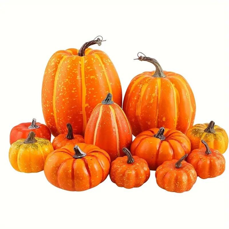 Image of 12er-Pack große orangefarbene künstliche Kürbisse in verschiedenen Größen für Tischdekoration, Herbst, Feiertage, Halloween, Thanksgiving