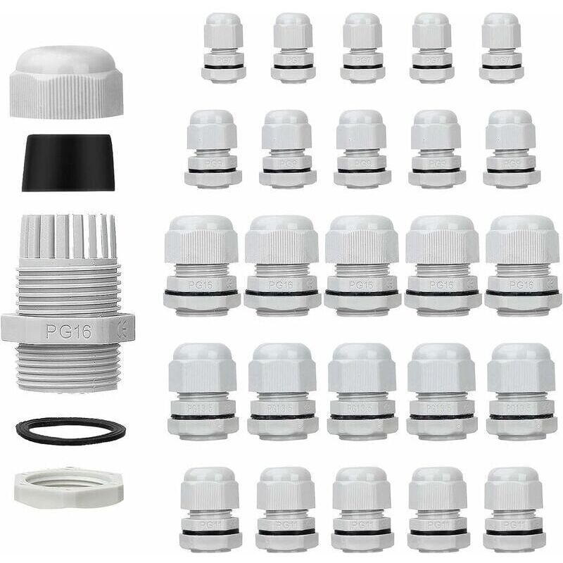 Image of Dolaso - 25 Stück wasserdichte Kabelverschraubungen – verstellbar – PG7 PG9 PG11 PG13,5 PG16 – Kabelverbinder – Füllmuttern – Kunststoffdichtungen