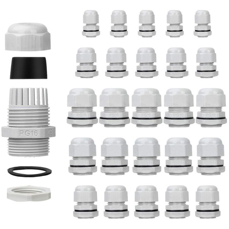 Image of Dolaso - 25er-Pack wasserdichte Kabelverschraubungen – verstellbar – PG7, PG9, PG11, PG13,5, PG16 – Kabelverbinder – Füllmuttern –