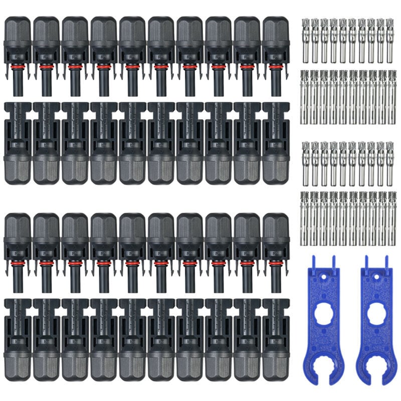 Image of 20 Paar männliche/weibliche Solarpanel-Kabelverbinder mit Schraubenschlüssel-Montagewerkzeug für PV-Systeme