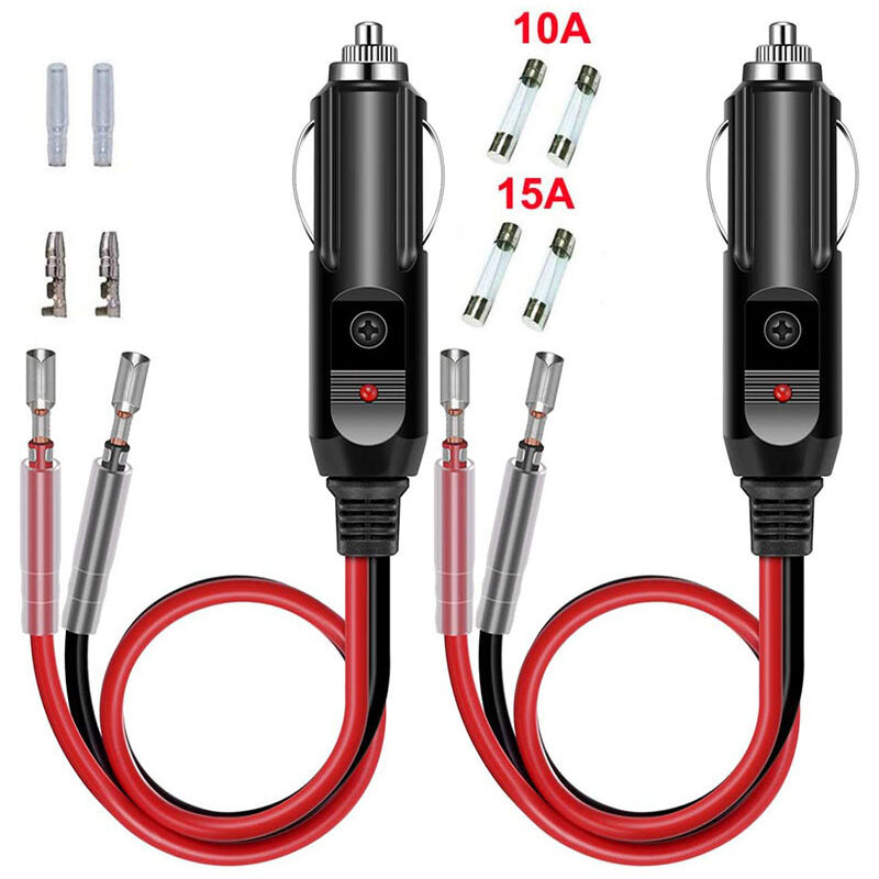 Image of Coocheer - 2er-Pack 12V/24V-Stecker-Zigarettenanzünder-Adapter, 10 cm 16AWG-Verlängerungskabel mit roter LED-Anzeige und 10A/15A-Ersatzsicherung für