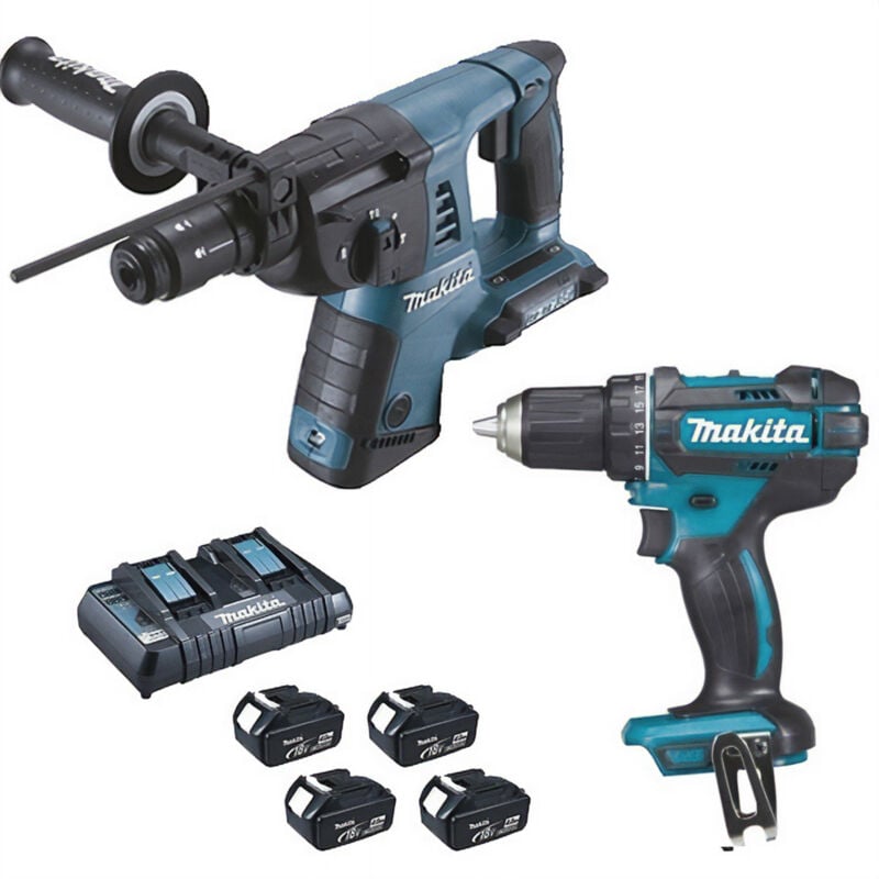 Image of Makita - 2-Maschinen-Set Bohrer DHR264 + Bohrschrauber DDF456 + 4 Batterien 18V 4.0Ah - DLX2138PTJ