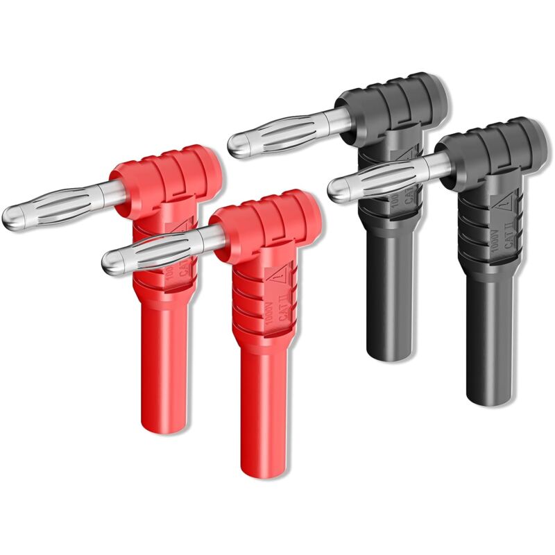 Image of 4 Stück rechtwinklige 4-mm-Bananenstecker, 4-mm-Stecker auf 4-mm-Buchse, rot, schwarz, für elektrische Prüfverbindungen