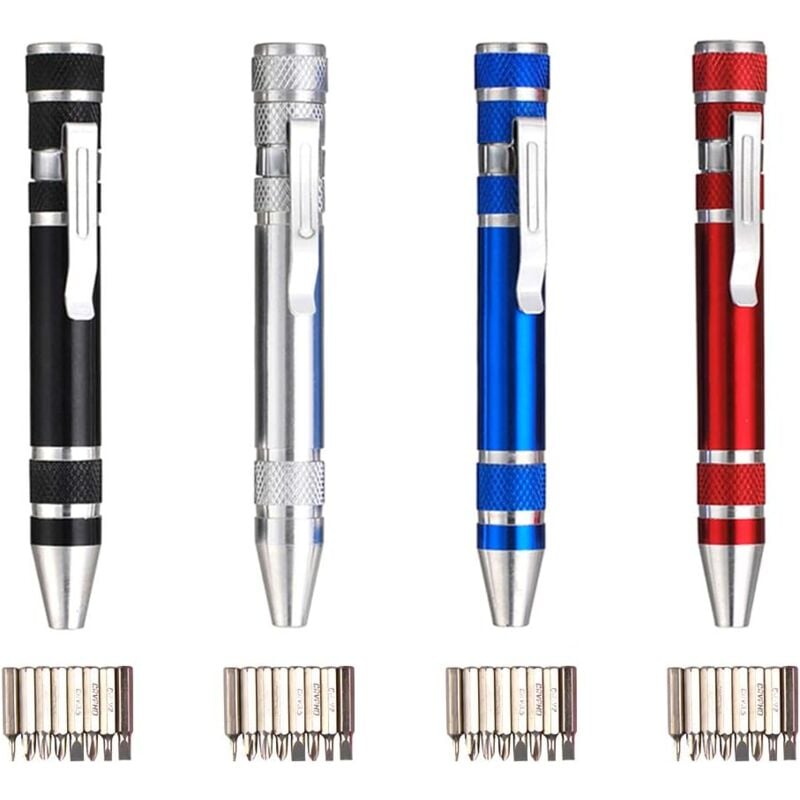 Image of 4 Packungen komplettes Multifunktions-Mini-Schraubendreher-Set, Gadget-Reparatur, 8-in-1-Aluminium-Stift, Kreuzschlitz-Schlitz-Werkzeug-Set für