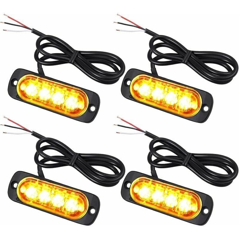 Image of 4 x Eindringleuchten mit 4 LEDs, 12/24 v, orangefarbene LED-Rundumleuchte, Blitzlichter, Notfall-Alarmleuchte, Strobe, automatische Blinkgeber, IPX-4