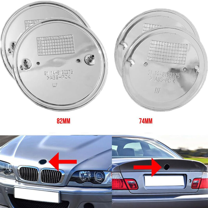 Image of 4er-Pack, je 2 vorne und 2 hinten, BMW-Logo-Motorhaubenemblem und Kofferraumemblem – Größen: 82 mm und 74 mm – kompatibel mit E46, E39, E38, E90,