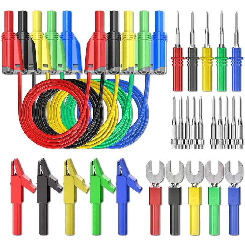 Image of Dolaso - 5-teiliges Bananenstecker-Silikon-Messleitungsset, 4 mm vollisolierter, stapelbarer Bananenstecker mit Krokodilklemmen, Prüfgabel, hintere