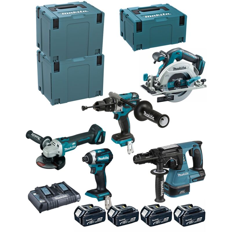 Image of Makita - Kit DLX5038PTJ (DHP481 + DTD154 + DGA506 + DHR243 + DHS680 + 4 x 5,0 Ah + DC18RD + makpac 3 + 2 x makpac 4)