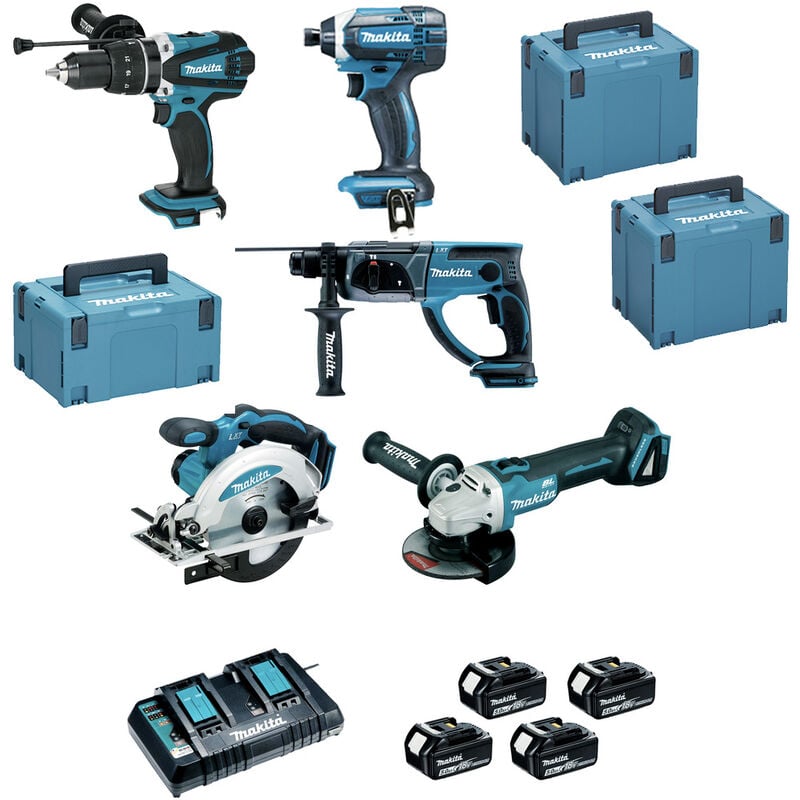 Image of Makita - 5er-Set 18V Li-Ion 5.0 Ah Maschinen - Bohr-Meißel + Schraubendreher + Schlagbohrer + Schleifer + Kreissäge - DLX5039PTJ