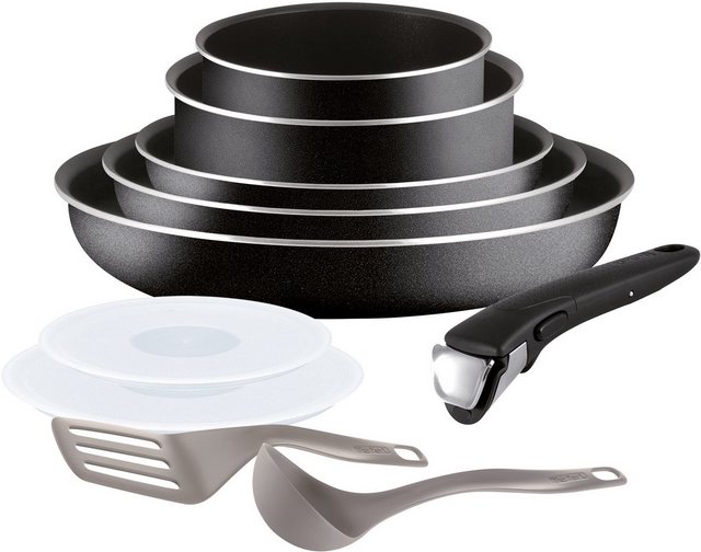 Image of Tefal Topf-Set »Ingenio Essential«, Aluminium, (Set, 10-tlg), L20098, Aluminium, Antihaft-Beschichtung, abnehmbarer Griff, Thermo-Signal-Technologie, für alle Herdarten außer Induktion, Schwarz