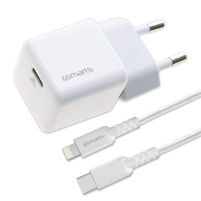 Image of 4smarts Netzladegerät VoltPlug Mini PD 30W QuickCharge AFC USB-C/Lightning weiß