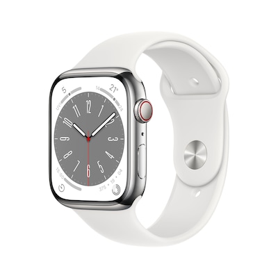 Image of Apple Watch Series 8 LTE 45mm Edelstahl Silber Sportarmband Weiß