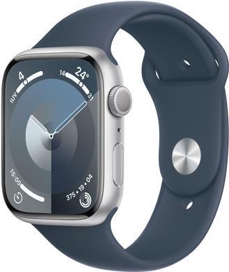 Image of APPLE Watch Series 9 GPS 45mm Silver Aluminium Case with Storm Blue Sport Band - M/L (MR9E3QF/A)