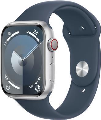 Image of APPLE Watch Series 9 GPS + Cellular 45mm Silver Aluminium Case with Storm Blue Sport Band - M/L (MRMH3QF/A)