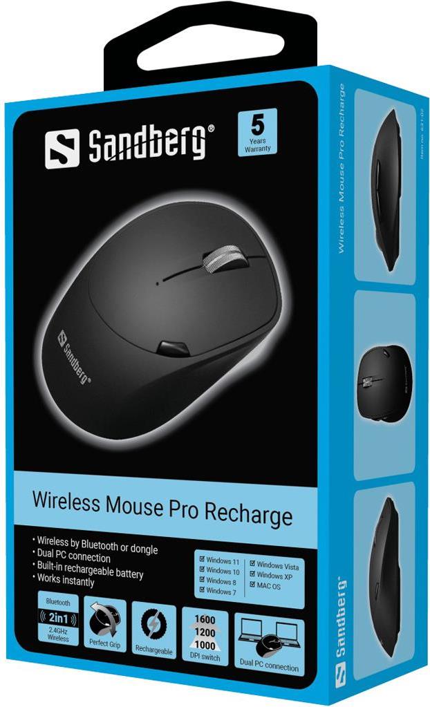 Image of Sandberg Pro - Maus - optisch - 6 Tasten - kabellos - 2.4 GHz, Bluetooth 4.0, Bluetooth 5.0 - kabelloser Empfänger (USB) (631-02)