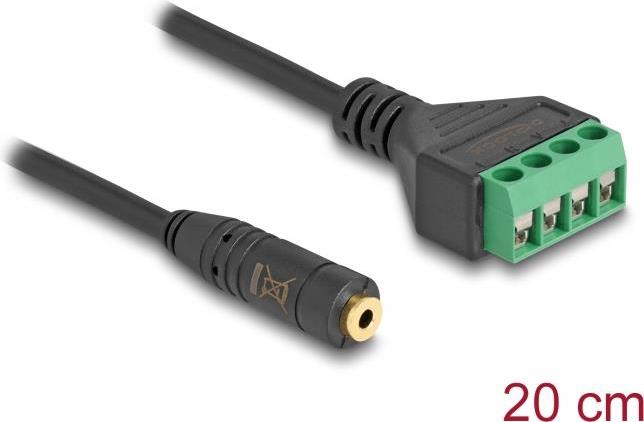 Image of Delock - Audio-Adapter - 2,5 mm 4-pin stereo jack weiblich zu 4-poliger Anschlussblock - 20cm - Schwarz - verseilt, 2,54 mm Rastermaß, abisolierte Enden (66294)