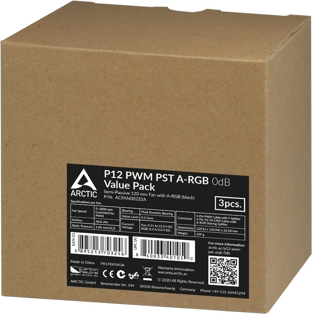 Image of ARCTIC P12 PWM PST A-RGB 0dB - Value Pack - Gehäuselüfter - 120 mm - Schwarz (Packung mit 3)