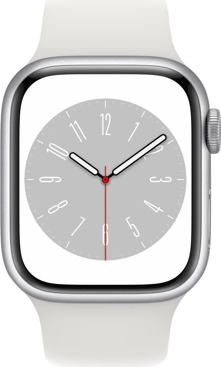 Image of Apple Watch Series 8 (GPS + Cellular) - 45 mm - Silver Edelstahl - intelligente Uhr mit Sportband - Flouroelastomer - weiß - Bandgröße: regelmäßig - 32GB - Wi-Fi, LTE, Bluetooth, UWB - 4G - 51,5 g (MNKE3FD/A)