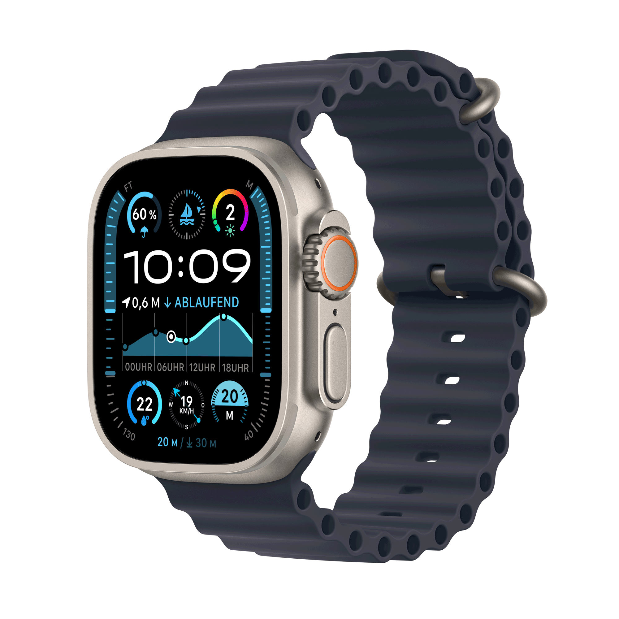 Image of Apple Watch Ultra 2 GPS + Cellular 49mm Natural Titanium Case mit Navy Ocean Band (MX4D3FD/A)