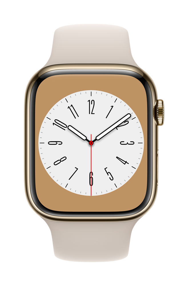 Image of Apple Watch Series 8 (GPS + Cellular) - 45 mm - Gold, Edelstahl - intelligente Uhr mit Sportband - Flouroelastomer - Starlight - Bandgröße: regelmäßig - 32GB - Wi-Fi, LTE, Bluetooth, UWB - 4G - 51,5 g (MNKM3FD/A)