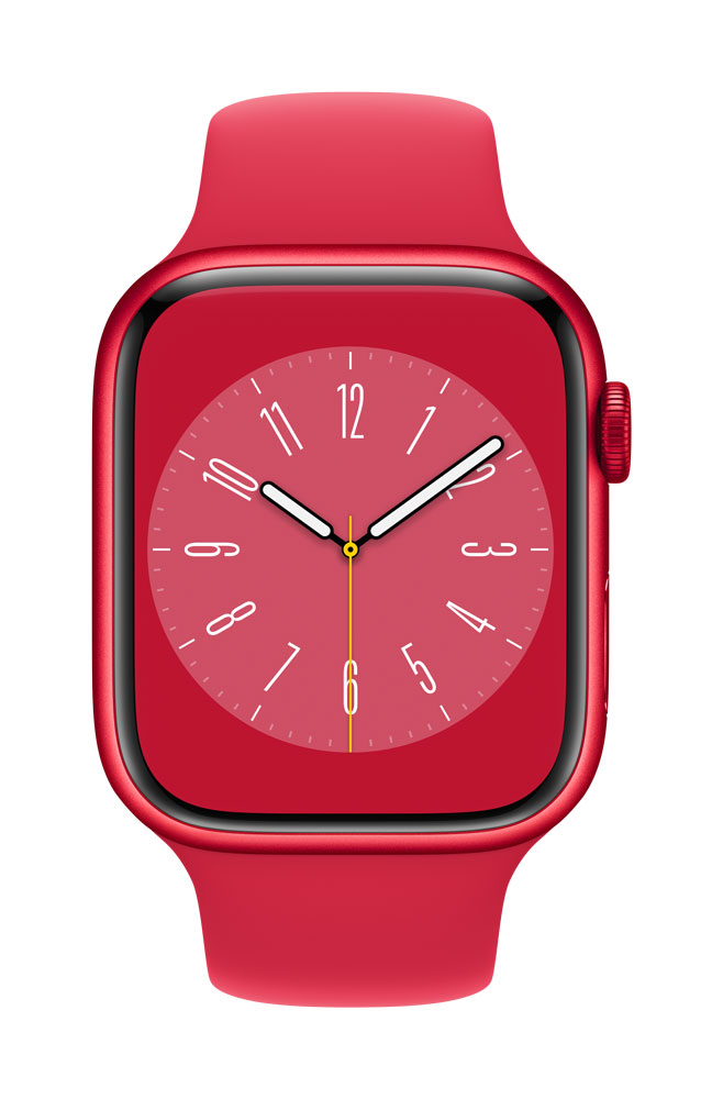 Image of Apple Watch Series 8 (GPS) - (PRODUCT) RED - 45 mm - Red Aluminium - intelligente Uhr mit Sportband - Flouroelastomer - rot - Bandgröße: regelmäßig - 32GB - Wi-Fi, Bluetooth - 38,8 g (MNP43FD/A)