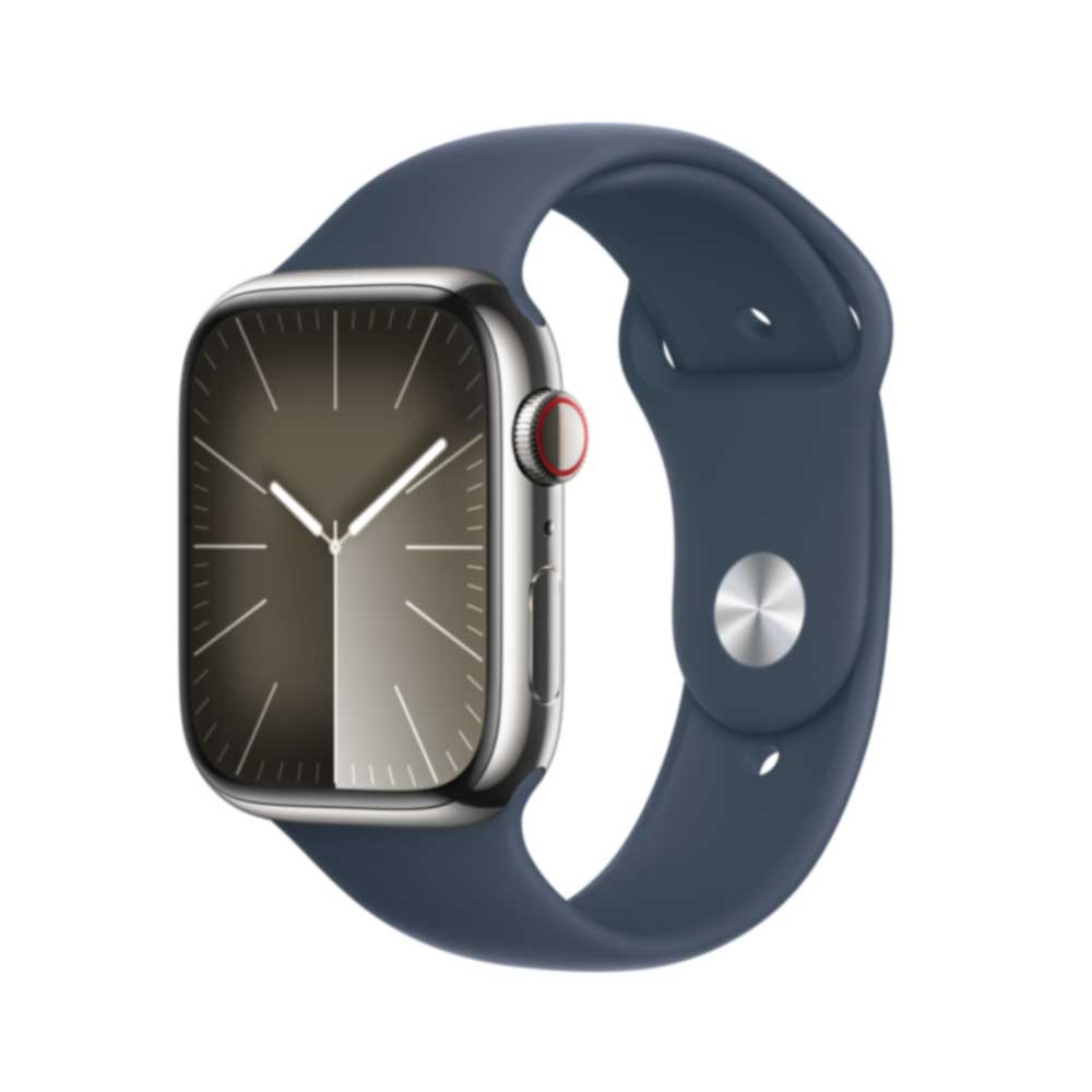 Image of APPLE Watch Series 9 GPS + Cellular 45mm Silver Stainless Steel Case with Storm Blue Sport Band - M/L (MRMP3QF/A)