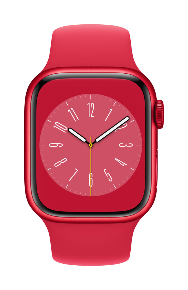 Image of Apple Watch Series 8 (GPS + Cellular) - (PRODUCT) RED - 41 mm - Red Aluminium - intelligente Uhr mit Sportband - Flouroelastomer - rot - Bandgröße: regelmäßig - 32GB - Wi-Fi, LTE, Bluetooth, UWB - 4G - 32 g (MNJ23FD/A)