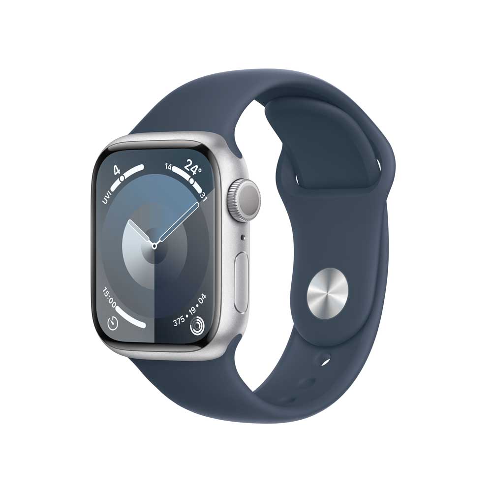 Image of APPLE Watch Series 9 GPS 41mm Silver Aluminium Case with Storm Blue Sport Band - M/L (MR913QF/A)