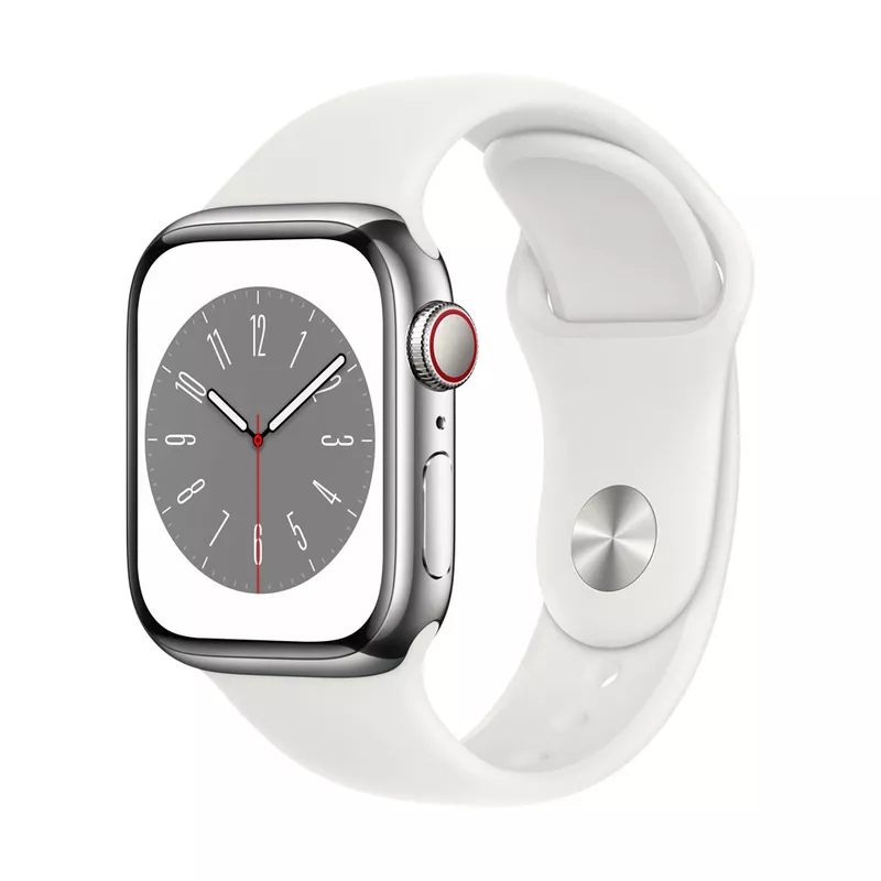 Image of Apple Watch Series 8 (GPS + Cellular) - 41 mm - Silver Edelstahl - intelligente Uhr mit Sportband - Flouroelastomer - weiß - Bandgröße: regelmäßig - 32GB - Wi-Fi, LTE, Bluetooth, UWB - 4G - 42,3 g (MNJ53FD/A) - Sonderposten