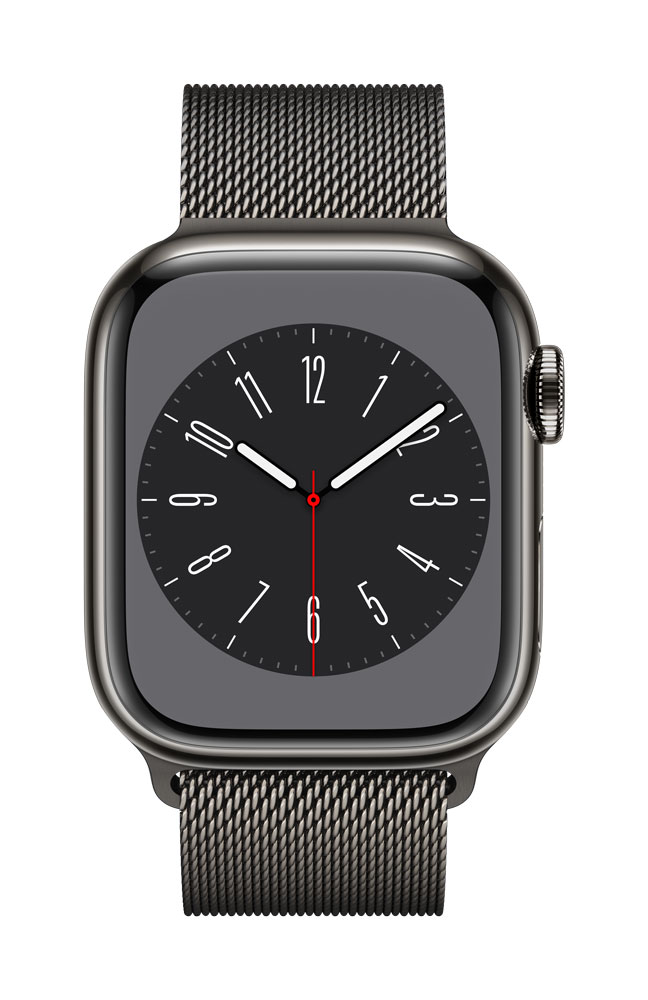 Image of Apple Watch Series 8 (GPS + Cellular) - 41 mm - Graphite Stainless Steel - intelligente Uhr mit Milanaise Armband - Handgelenkgröße: 130-180 mm - 32GB - Wi-Fi, LTE, Bluetooth, UWB - 4G - 42,3 g (MNJM3FD/A)