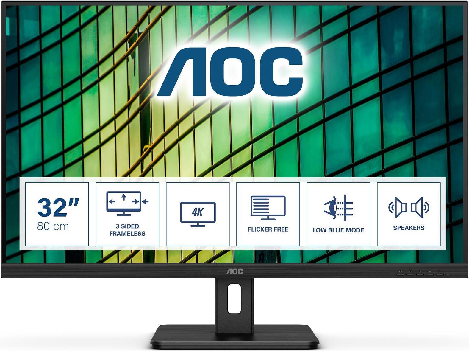 Image of AOC U32E2N - LED-Monitor - 80 cm (32) (31.5 sichtbar) - 3840 x 2160 4K @ 60 Hz - VA - 350 cd/m² - 2500:1 - 4 ms - 2xHDMI, DisplayPort - Lautsprecher - Schwarz