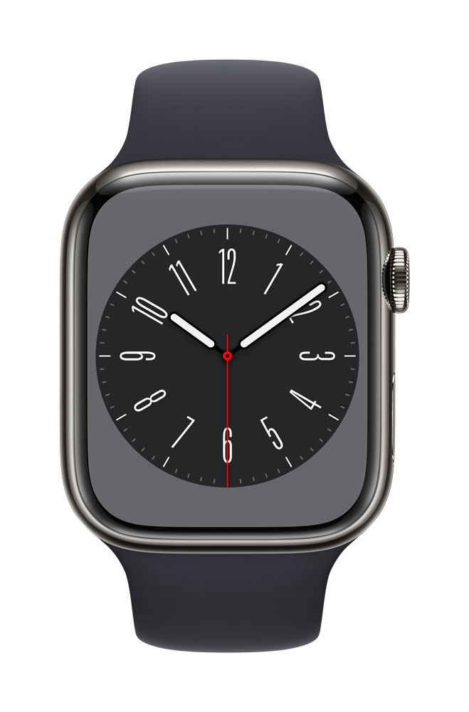 Image of Apple Watch Series 8 (GPS + Cellular) - 45 mm - Graphite Stainless Steel - intelligente Uhr mit Sportband - Bandgröße: regelmäßig - 32GB - Wi-Fi, LTE, Bluetooth, UWB - 4G - 51,5 g (MNKU3FD/A)